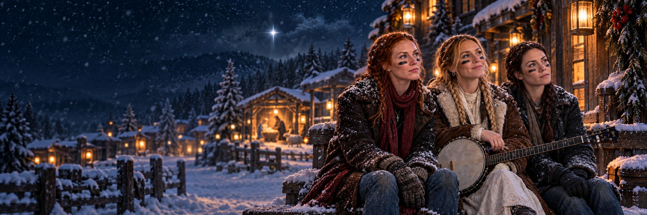 Madison, Cassie and Kendra together in a snowy Christmas village beneath warm lanterns
